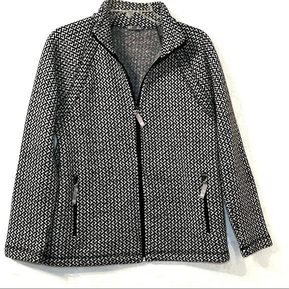 T BY TALBOTS FLEECE FULL ZIP JACKET BLACK WHITE HERRINGBONE KNIT S SOFT SWEATER - Picture 1 of 7